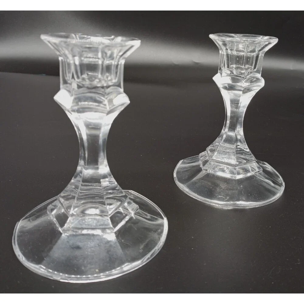 Clear Glass Candle Holders Pair Geometric Faceted Candlesticks Pedestal 4